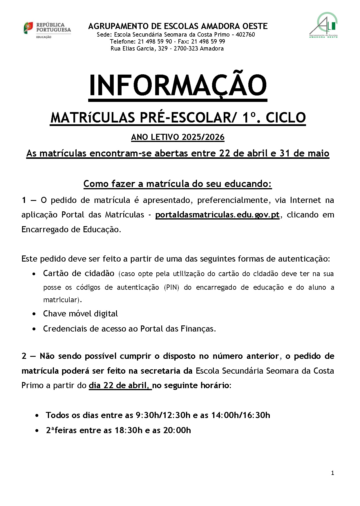 MATRÍCULAS Pré escolar 1ºciclo 2025 26 PÁGINA AE Página 1