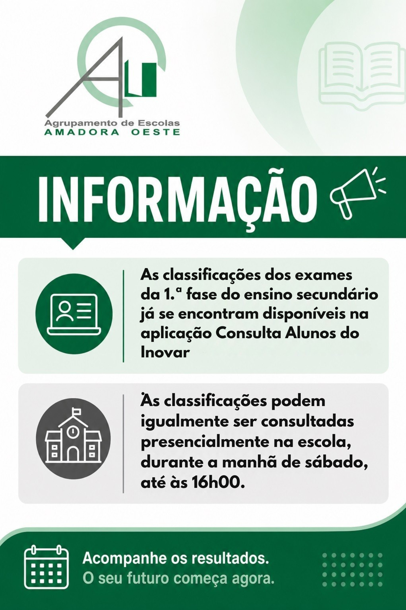 As classificações podem igualmente ser consultadas presencialmente na escola durante a manhã de sábado até às 16h00