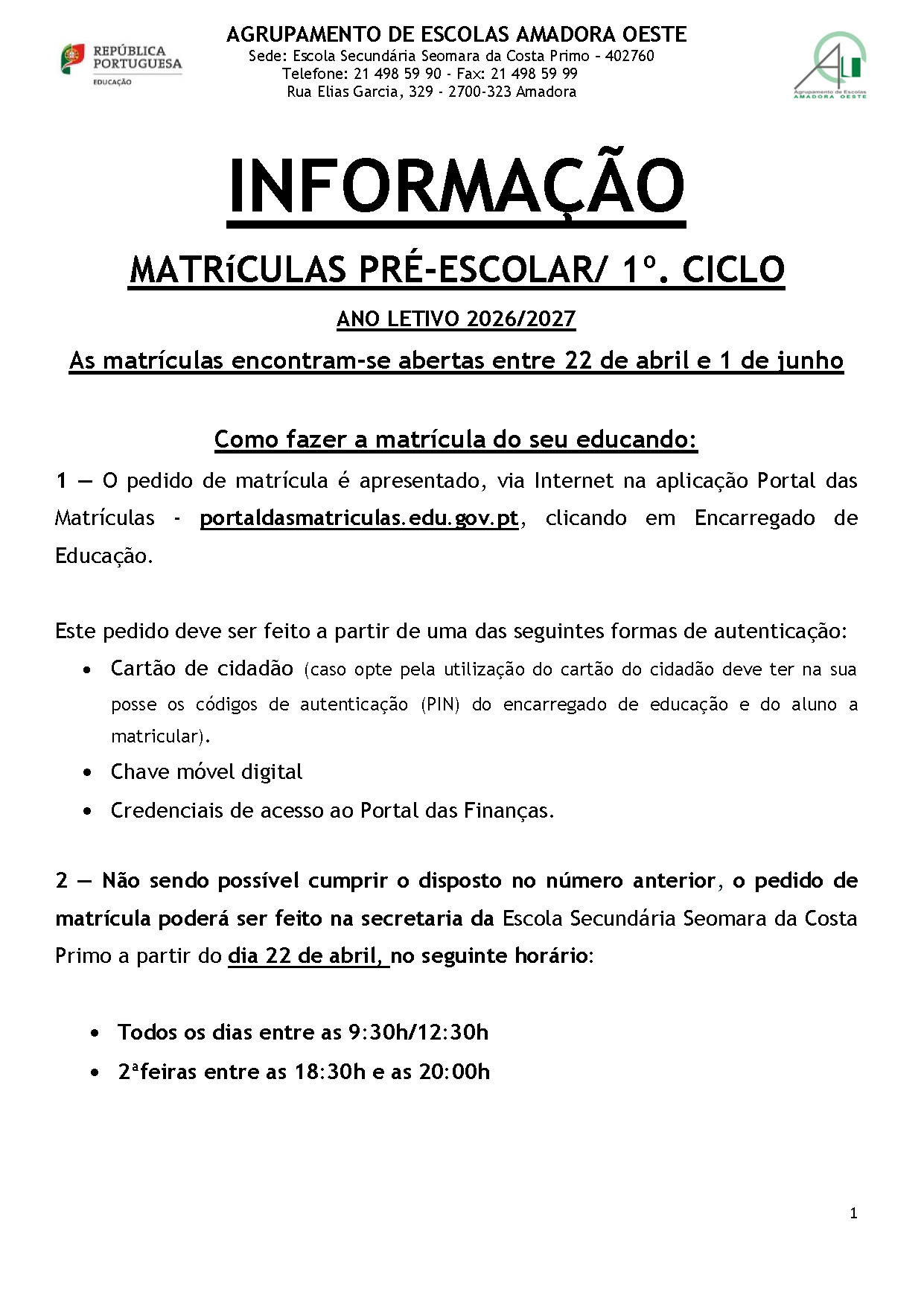 MATRÍCULAS Pré escolar 1ºciclo 2026 27B Página 1