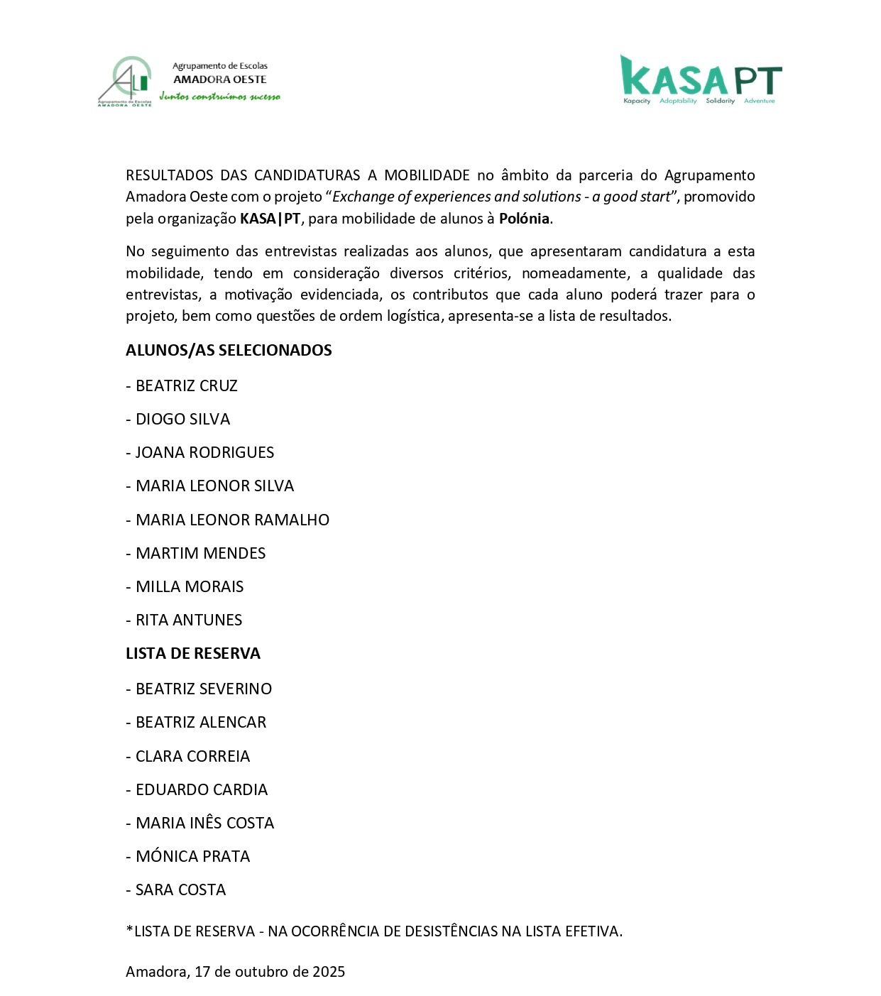 Lista alunos Selecionados Polónia