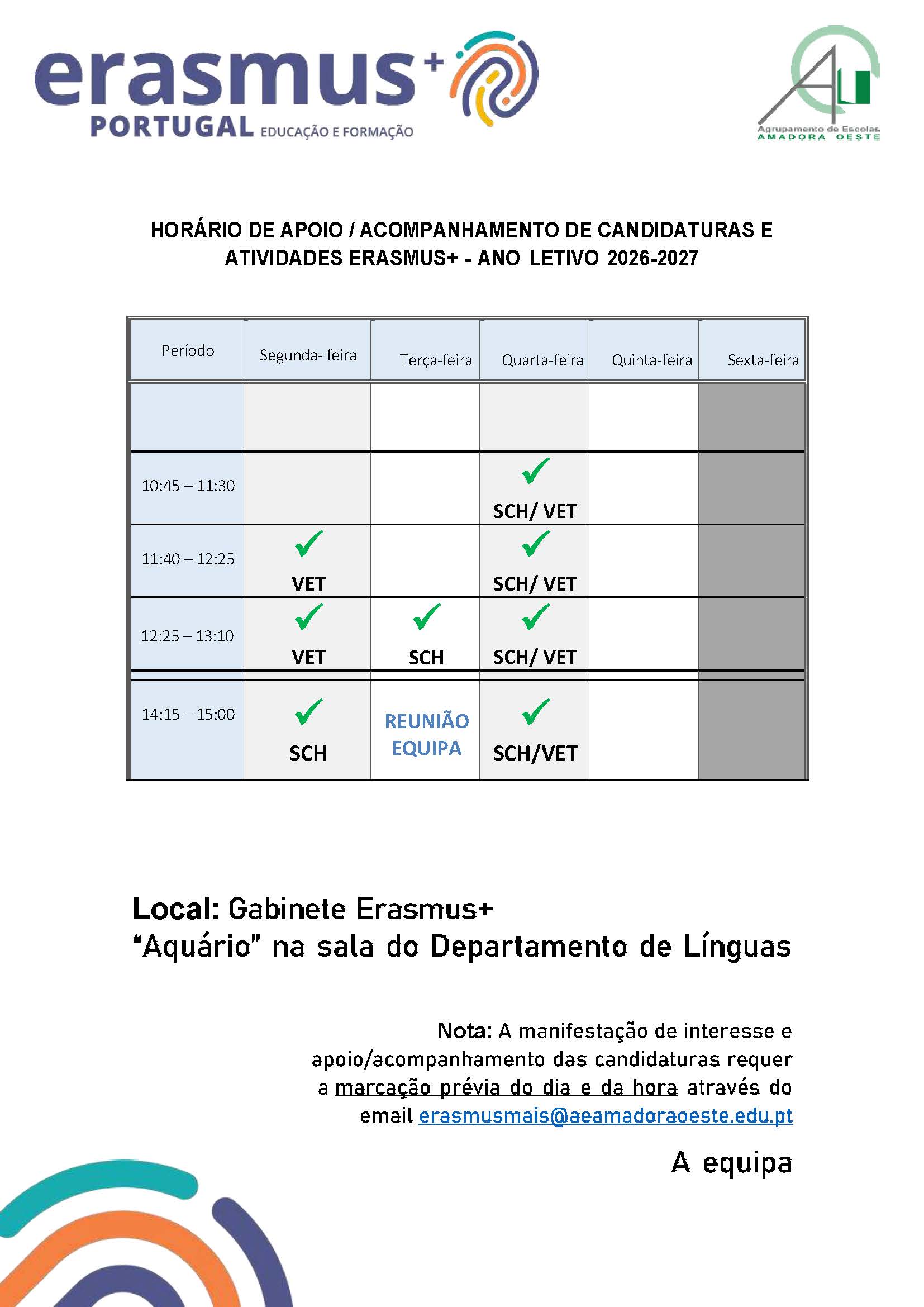 HORÁRIO DE APOIO 26 27